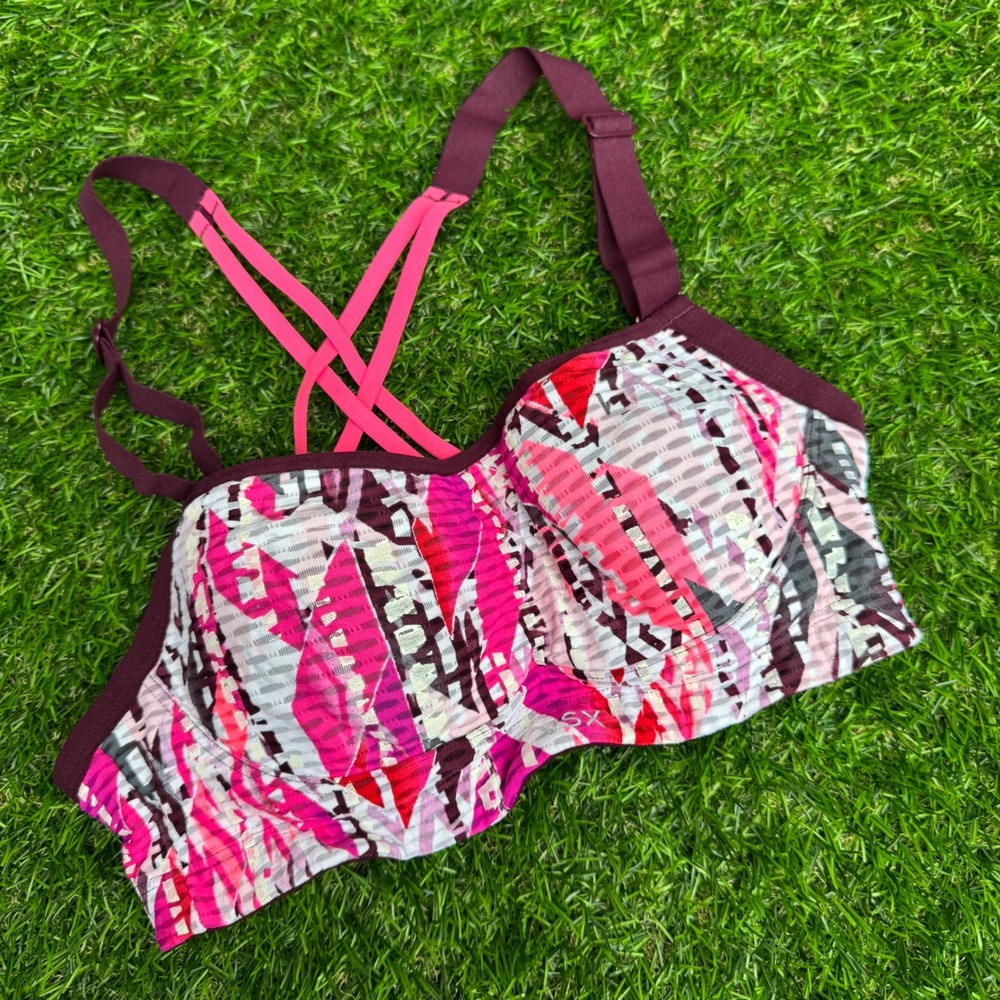 Victorias Secret VSX Sport Bra 32B Pink Purple Geometric Strappy‎ Back Mesh High